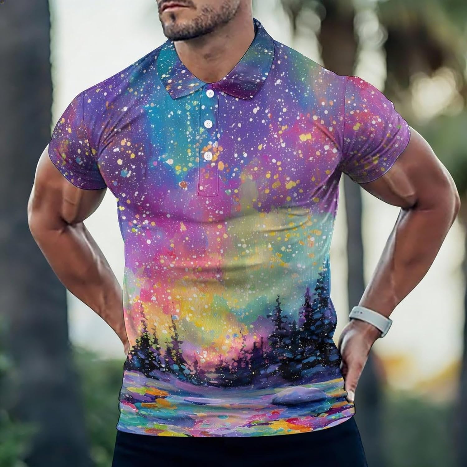 Colorful Auroras Borealis Snowy Men's Polo Golf Shirts Collared T-Shirt | short sleeve,three button,quick dry,machine washable,summer tee top