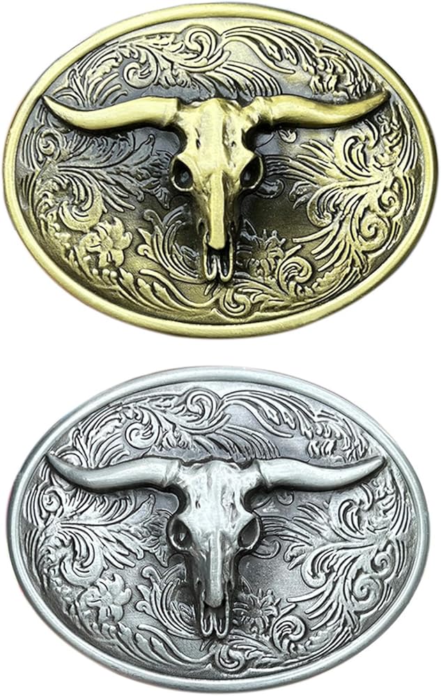 Amazon | [FENOHREFE] 楕円形の彫刻花柄雄牛の頭の形のバックルベルト  