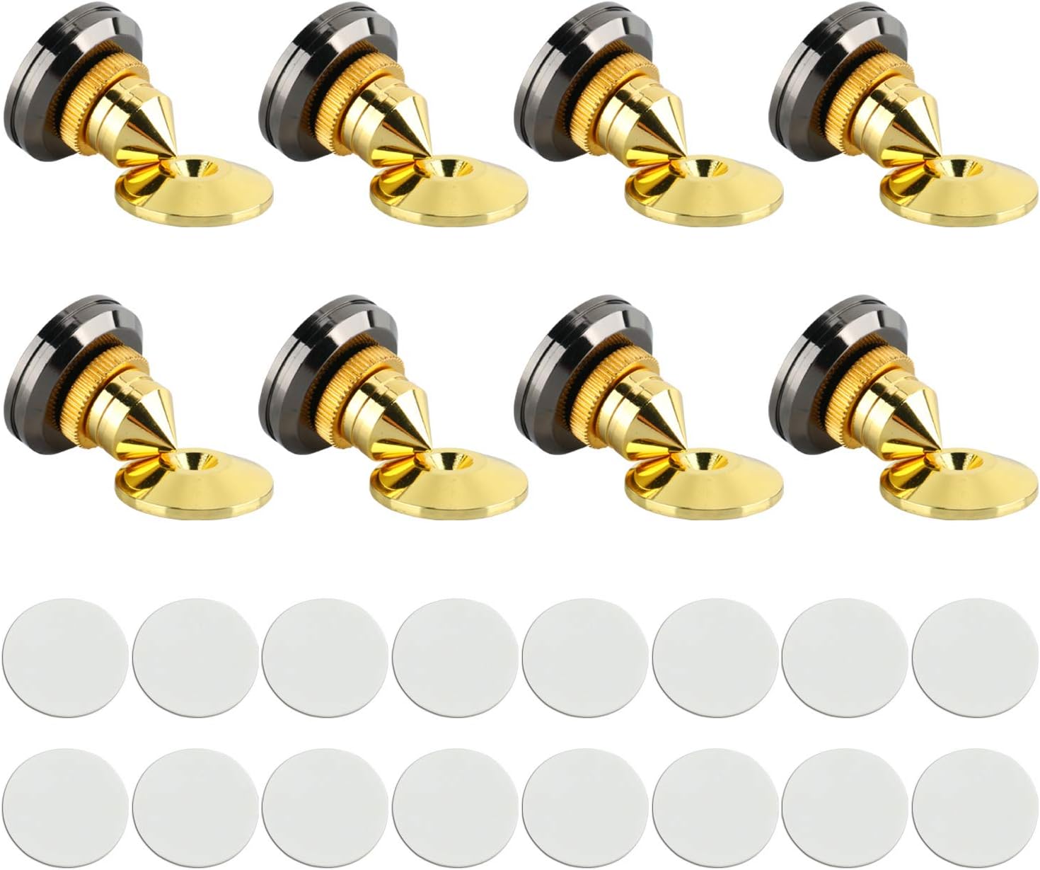 8 Set Golden-Plated Speaker Feet Spikes, Speaker Spikes Stands Sub Woofer CD Audio Amplifier Turntable Isolation Stand Feet Cone Base Pads Shockproof Mats with Double-Sided Adhesive