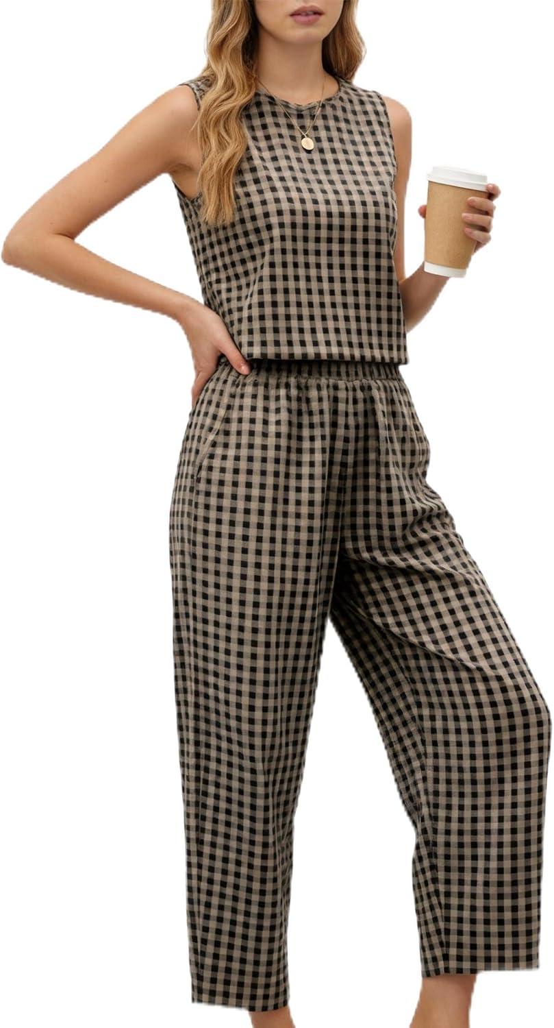 Summer 2 Piece Gingham Set Women 100% Cotton Plaid Pant Outfits Travel Tank Top Sets Vacation Beach Lounge Sets