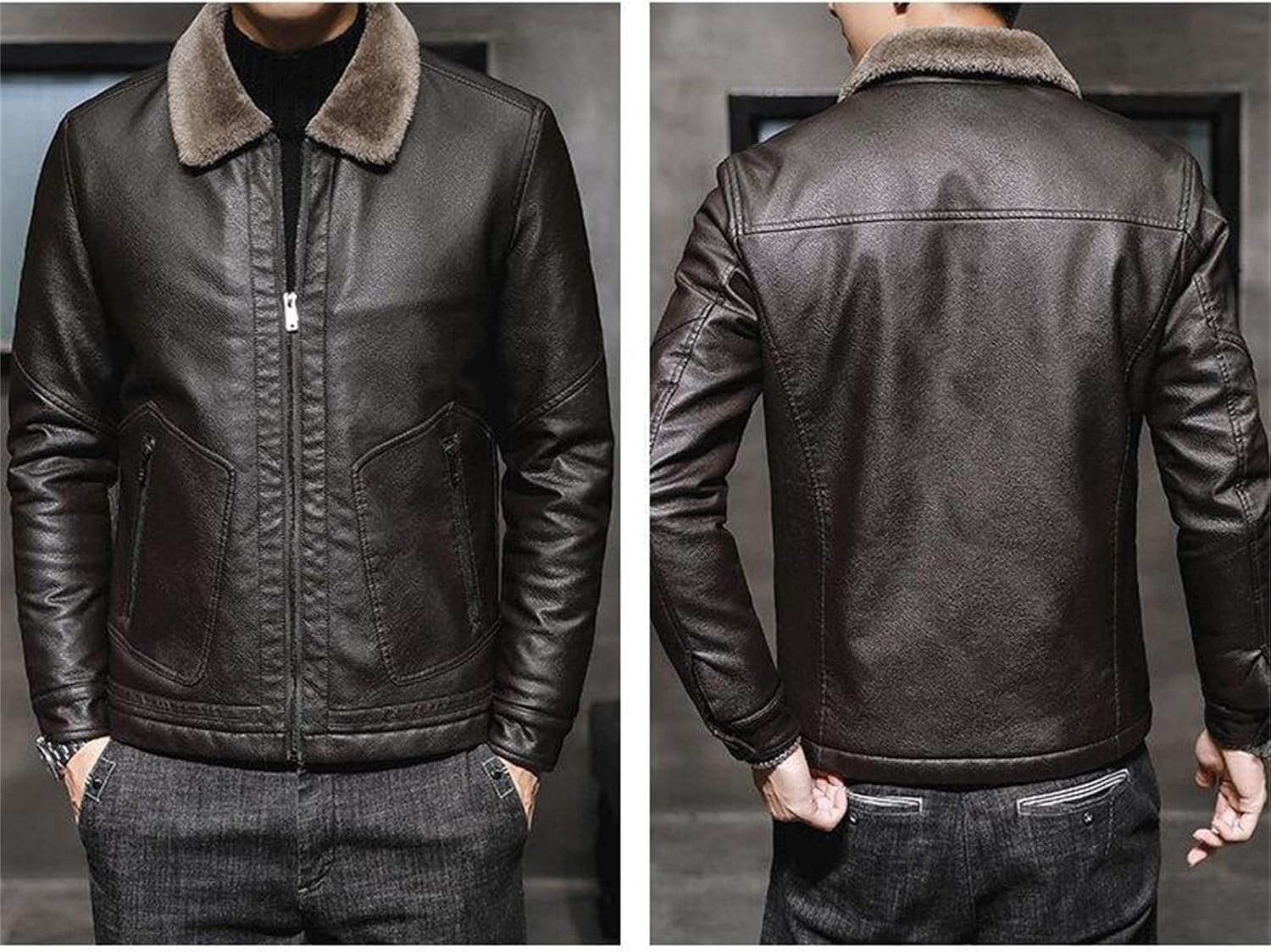 Men's Warm Leather Jacket Male Thicken Slim Fit Faux Leather Coat Men Standing Collar Casual Winter Leather Jacket