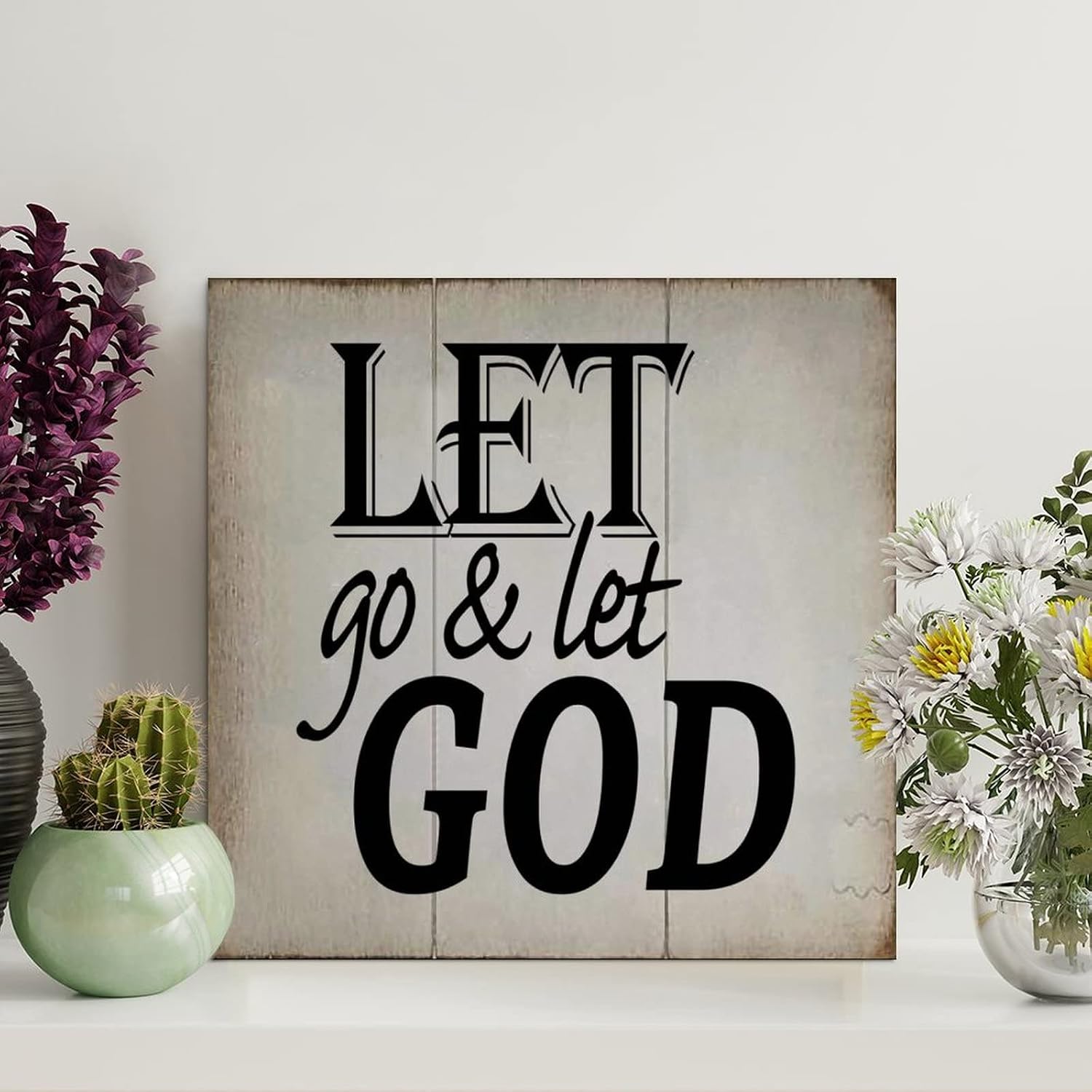 LITTLEGROVE SEEDS Retro Vintage Wooden Pallet Sign Let Go & Let GOD Motivational Saying Wood Plaque 12x12in Wall Decor Farmhouse Decor Wall Art Wall Hanger Sign for Home Bedroom Kitchen Living Room