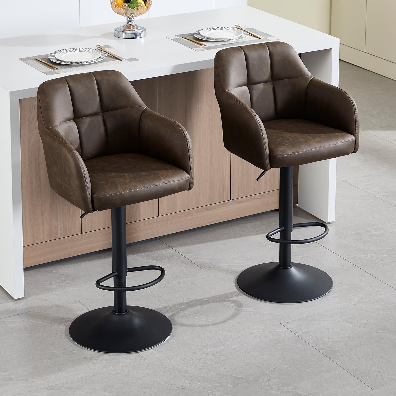 Chummaven Modern Height Adjustable Bar Stools Set of 2, Swivel Faux Leather Kitchen Counter Stools with Armrests and Footrest, Upholstered Breakfast Chairs for Kitchen Island Dining Room, Brown