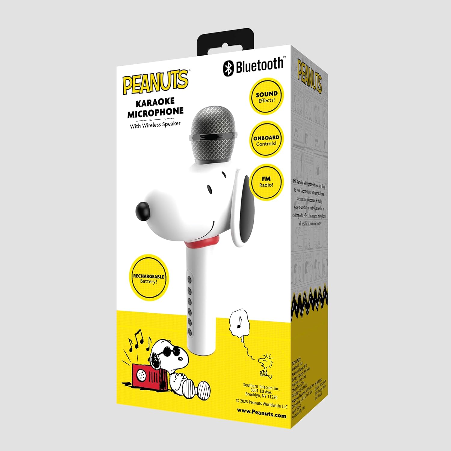 Peanuts Snoopy Bluetooth Karaoke Microphone – Wireless Speaker with Sound Effects, FM Radio, Onboard Controls & Rechargeable Battery – Vintage Inspired Design