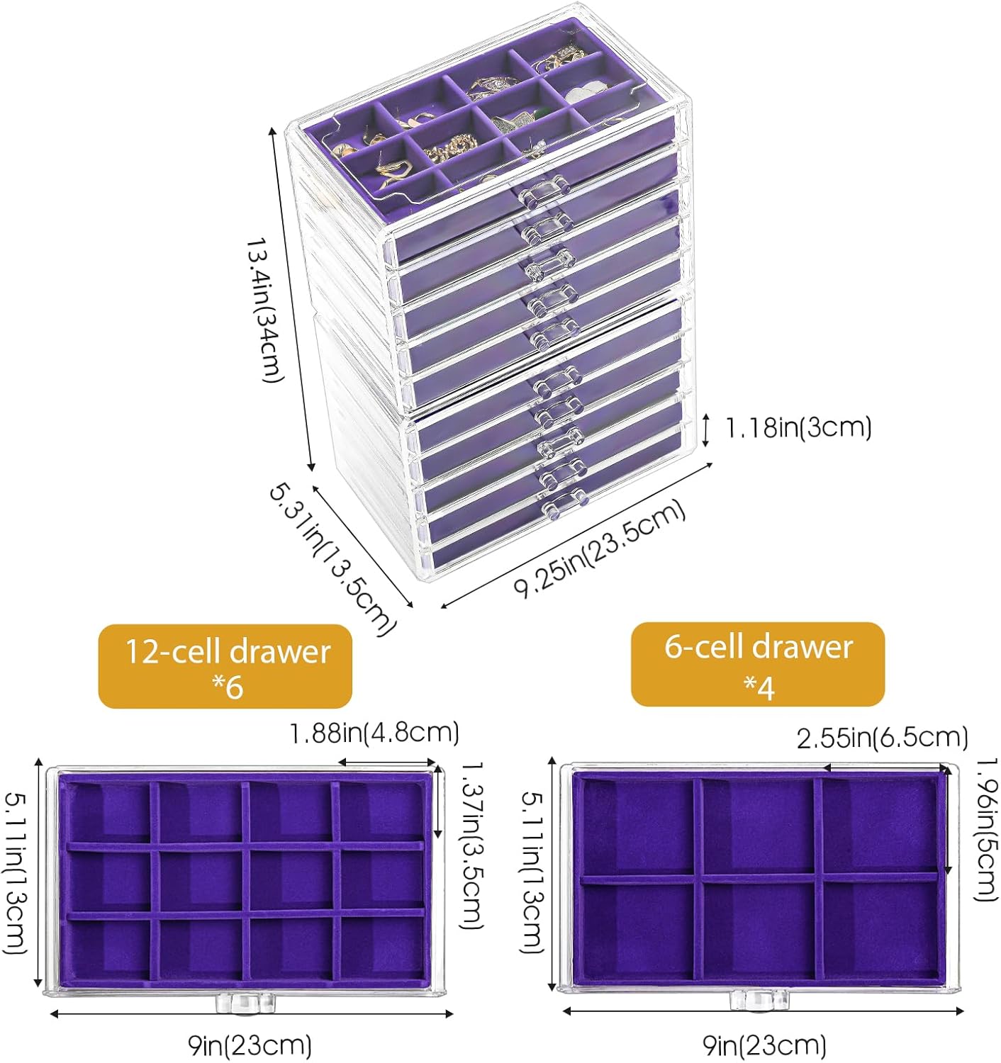 ProCase Earring Holder Organizer Jewelry Box with 10 Drawers, Acrylic Clear Earring Case with Adjustable Velvet Trays for Women - Purple,10 Layers