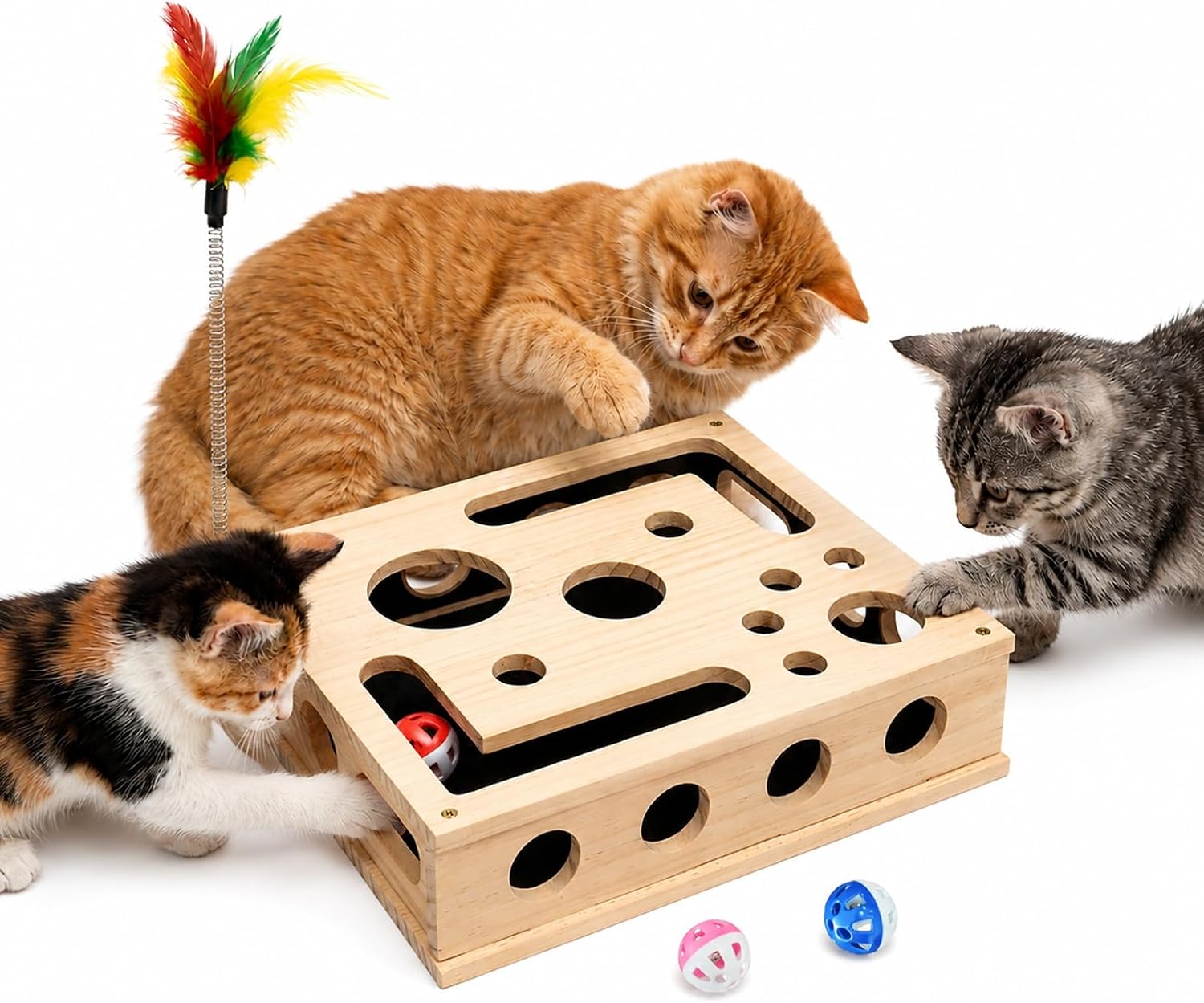 3-in-1 Cat Amazing Puzzle Box, Interactive Foraging Hunt & Cat Nail File Device with 1 Feather Wand & 3 Bell Balls, Wooden Enrichment System for Indoor Cats to Scratch, Play & Exercise
