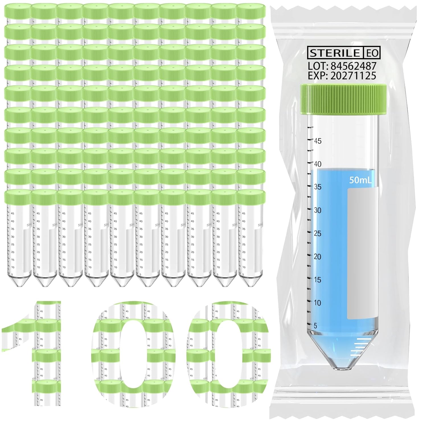 Sterile Centrifuge Tubes Plastics 50ml Conical Tubes with Black Graduations and Writing Marks,Leak-Proof Screw Caps for Scientific Laboratories,Individually Packaged (100)