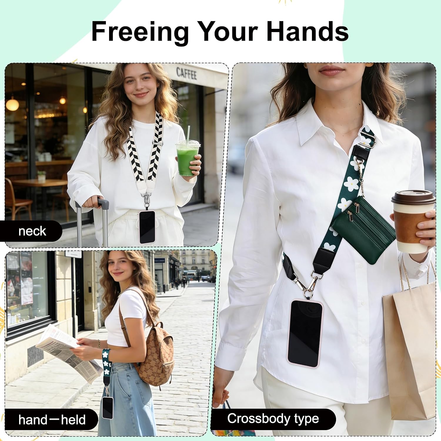 4Pcs Clip and Go Strap for Phone with Wallet Crossbody, Clip and Go Phone Strap with Wallet, Adjustable Crossbody Phone Strap with Zippered Pouch for All Phones Accessories Travel Essential