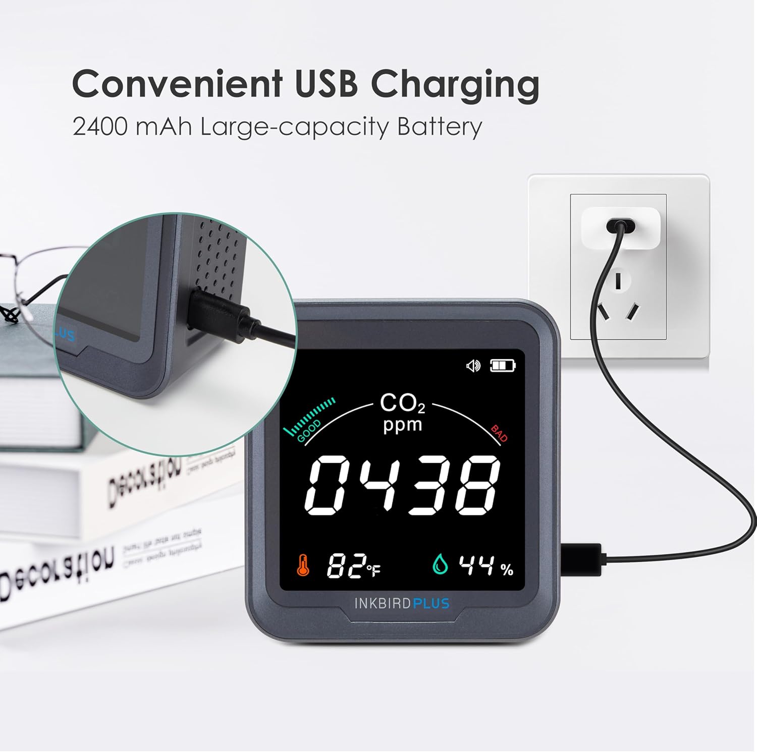 INKBIRDPLUS CO2 Meter connected to USB charger