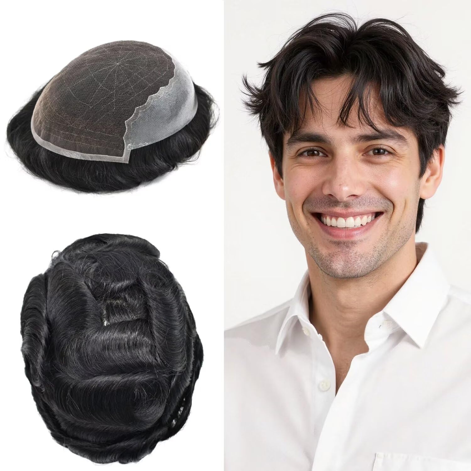 Hairpieces Lace Toupee for Men Human Hair Lace System for Men Hair Piece Unit Natural Front Bleached Knots Mens Toupee Hair Systems 7X10 1B# OFF BLACK