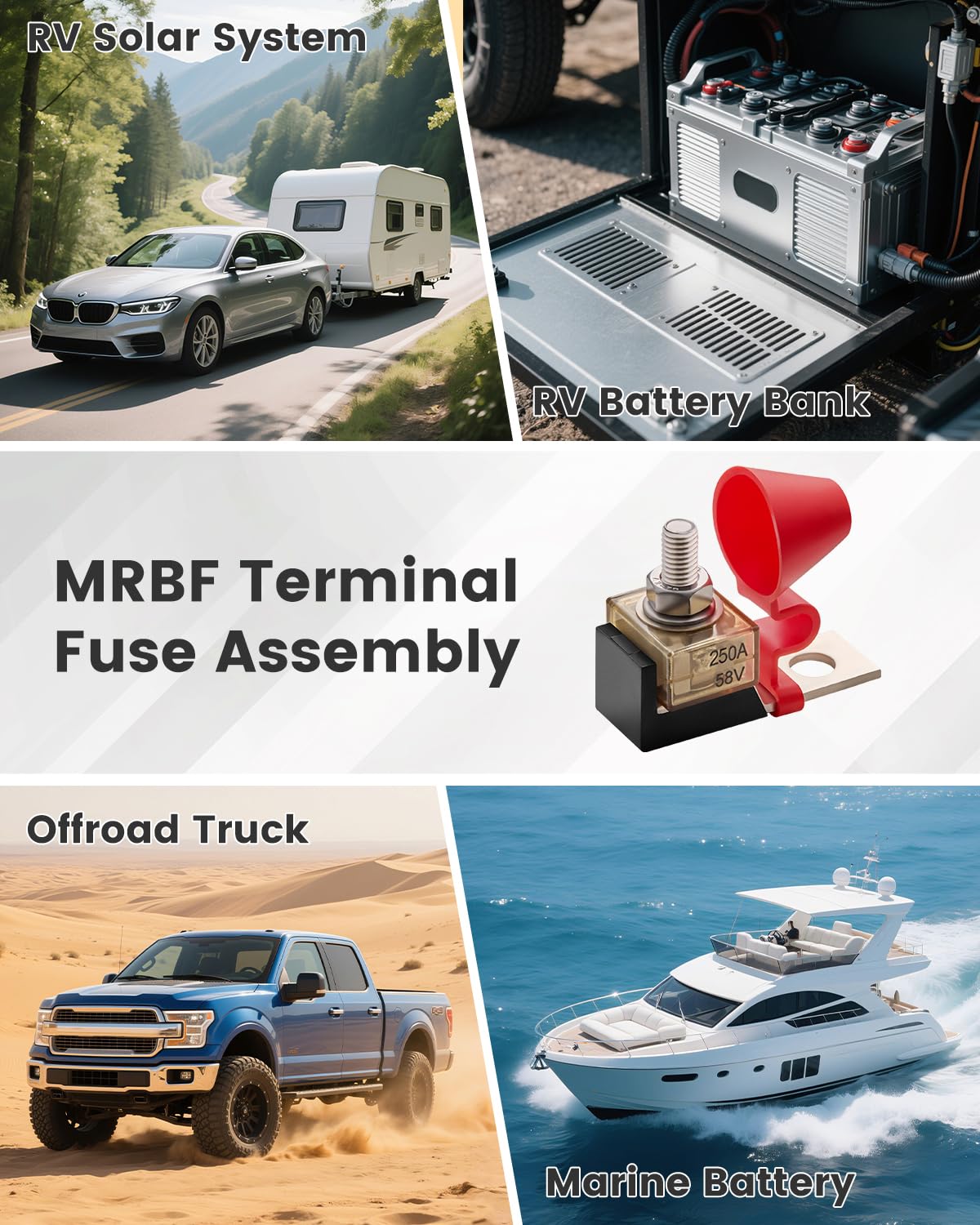 Battery Terminal Fuse Block Holder with 250 Amp Fuse and Insulating Cap, MRBF Fuse Assembly, Terminal Mount for RV Boat Truck Solar Battery System, 58V DC Max