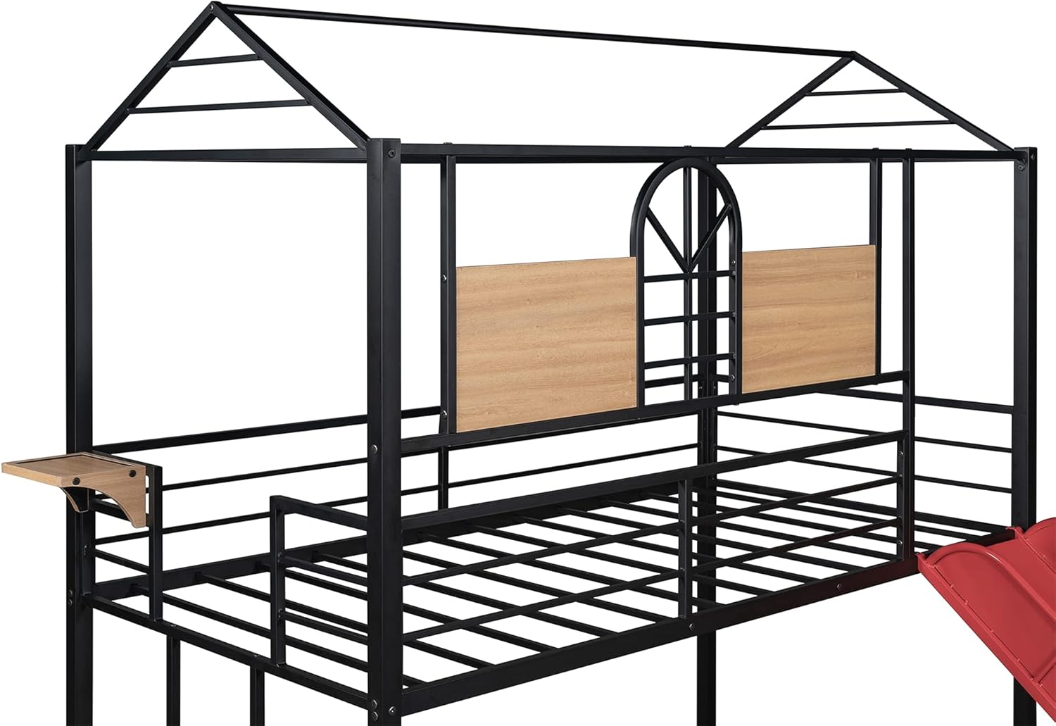 Twin Over Twin Bunk Beds with Slide, Metal Frame House Bunk Bed , Low Twin Bunk Beds with Built-in Ladder for Kids Toddlers Girls & Boys , No Box Spring Needed (Black+Red Slide)