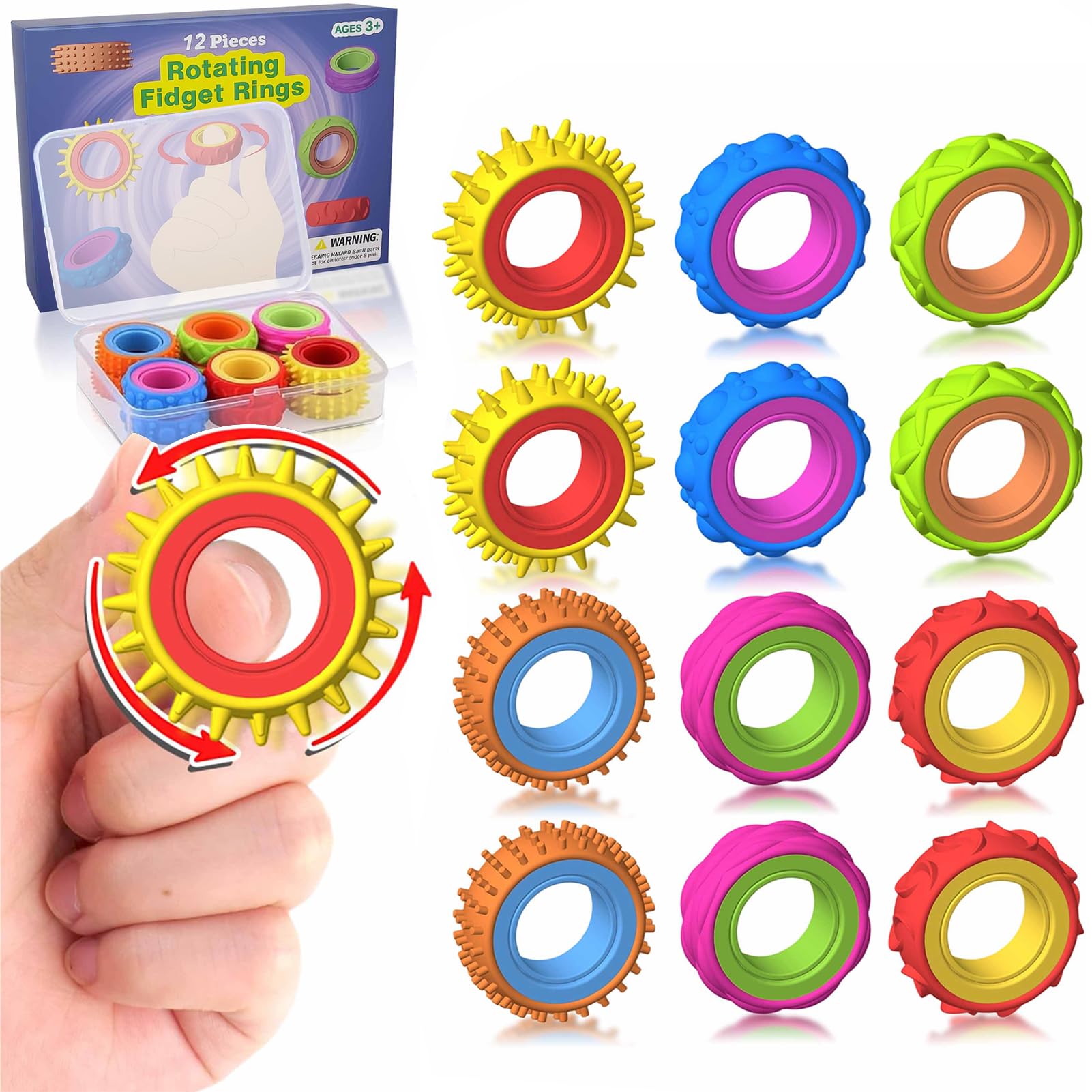 Fidget Ring Toys for Children Adults, Pack of 12 Finger Spinner Rings Silicone,Anti Stress Autism Toy, Fidget Squishy Toy, Anxiety, ADHD Toys, Soothing for Stress, Anxiety