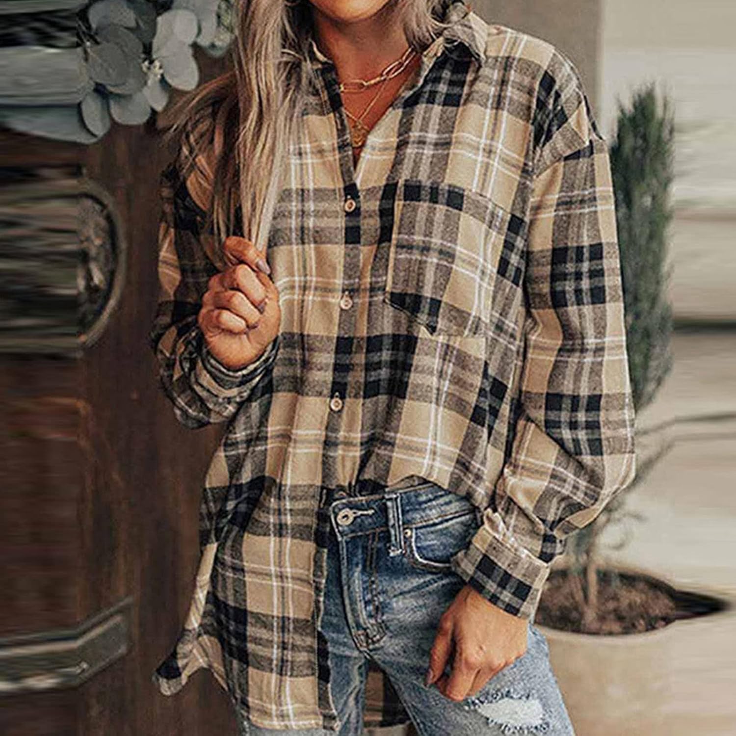 Size M Womens Long Sleeve Button Down Shirt Business Collared Blouse Tops Casual Plaid Flannel Shirt with Pocket