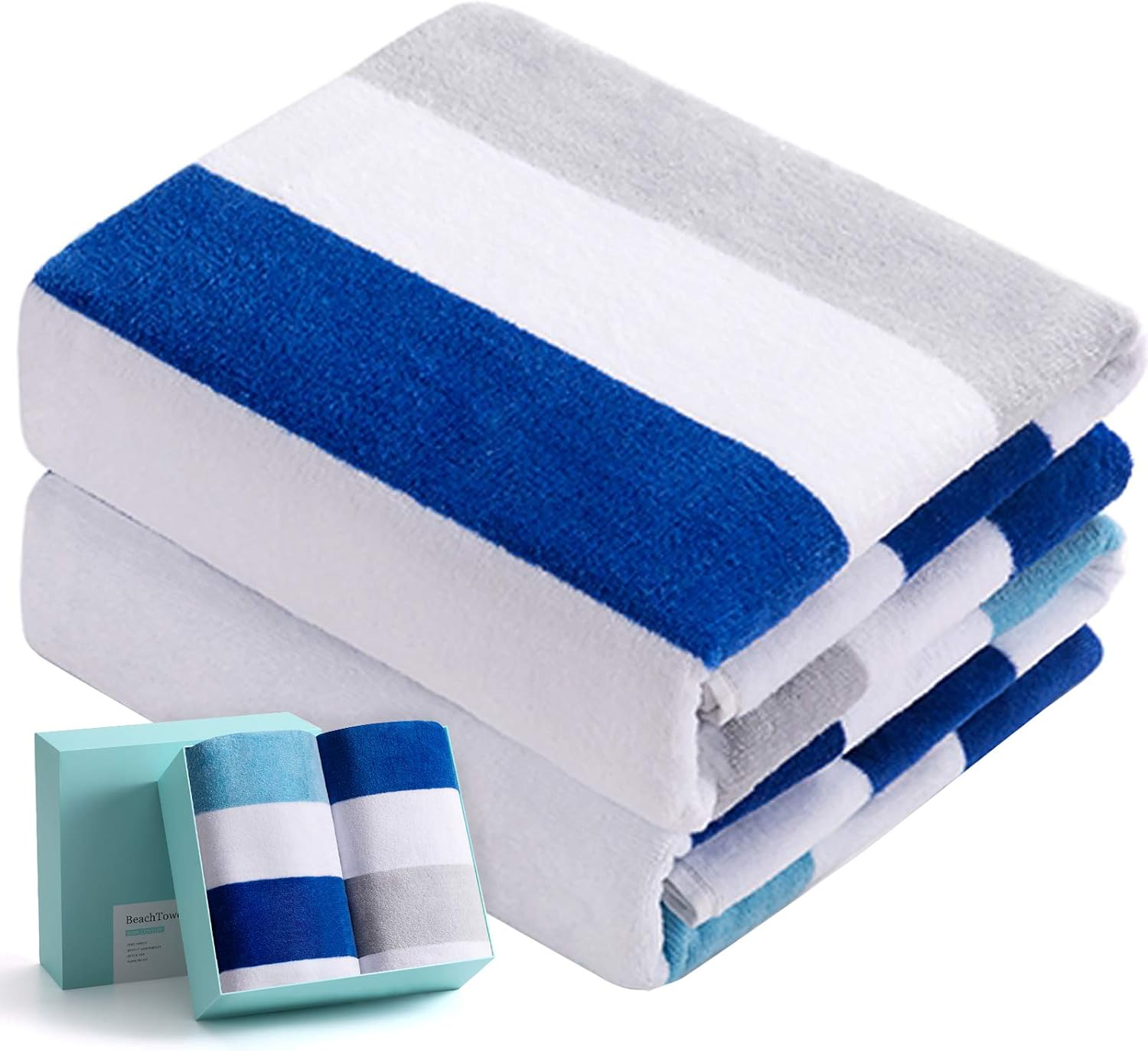 WIIKWEEK Large Beach Towel, 100% Cotton Stripe Pool Towel for Swim, SPA, Yoga, Travel-Soft, Highly Absorbent, Skin Friendly (30" x 60", 2 Pack)