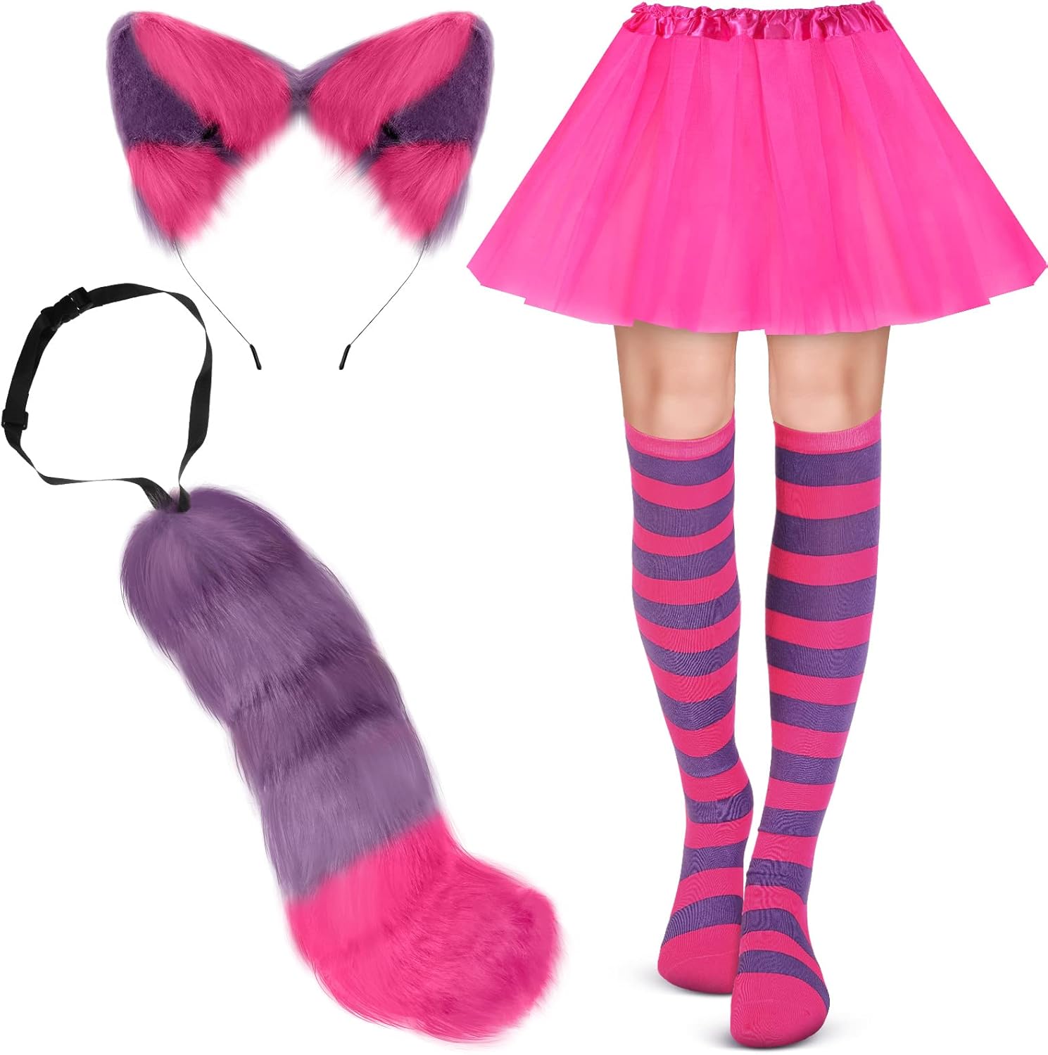 Pink and Purple Striped Cat Costume for Girls Women Purple Cat Ears Headwear Striped