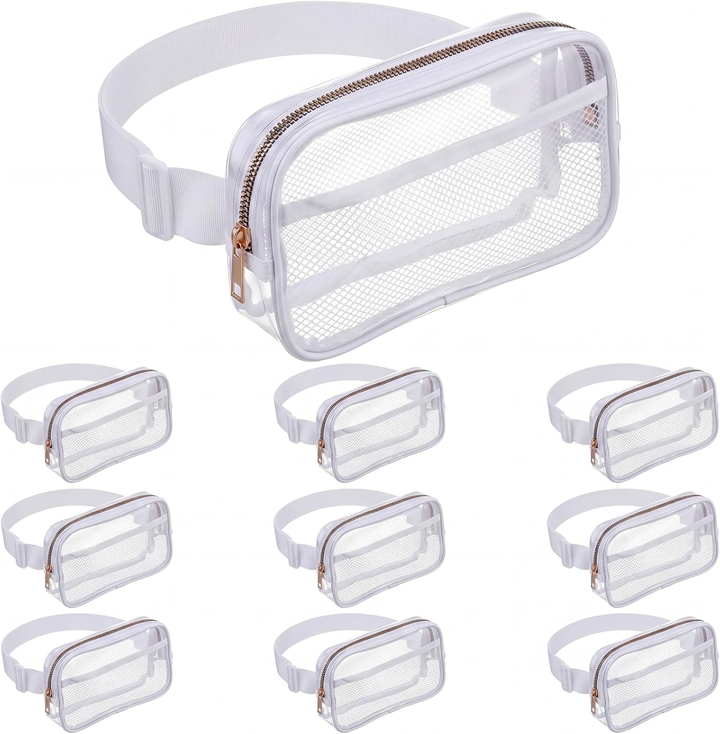 10 Pcs Clear Fanny Pack Stadium Approved, Bulk Transparent Belt Bag for Women Men, Waterproof Waist Bag with Adjustable Strap, Crossbody Pouch for Stadium Events Concert Sports Travel (White)