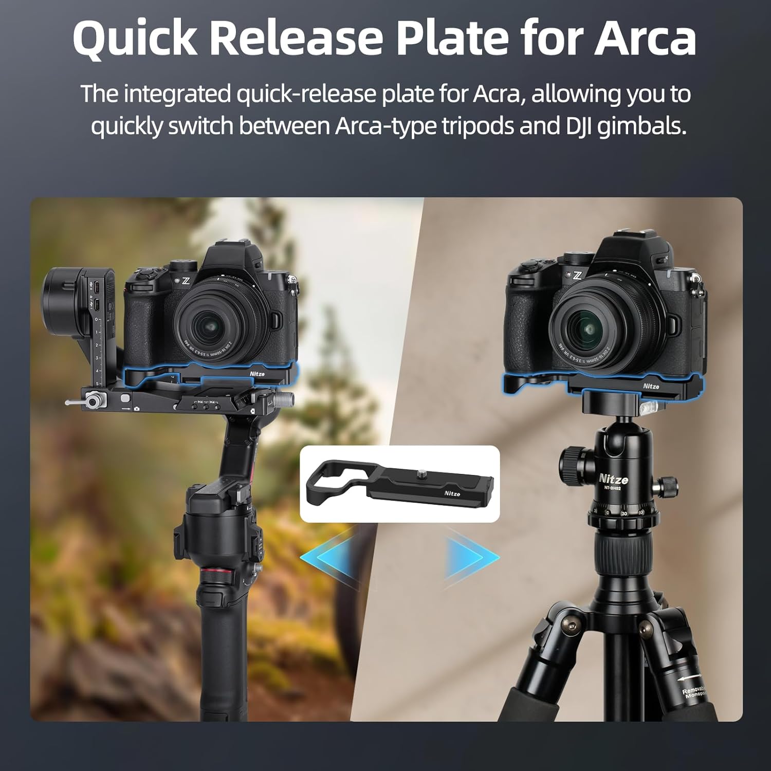 Nitze Z50II Bottom Plate for Nikon Z50 II Camera, with Built-in Quick Release Plate for Arca, Strap Slot and 1/4" Threaded Holes - T-N07A