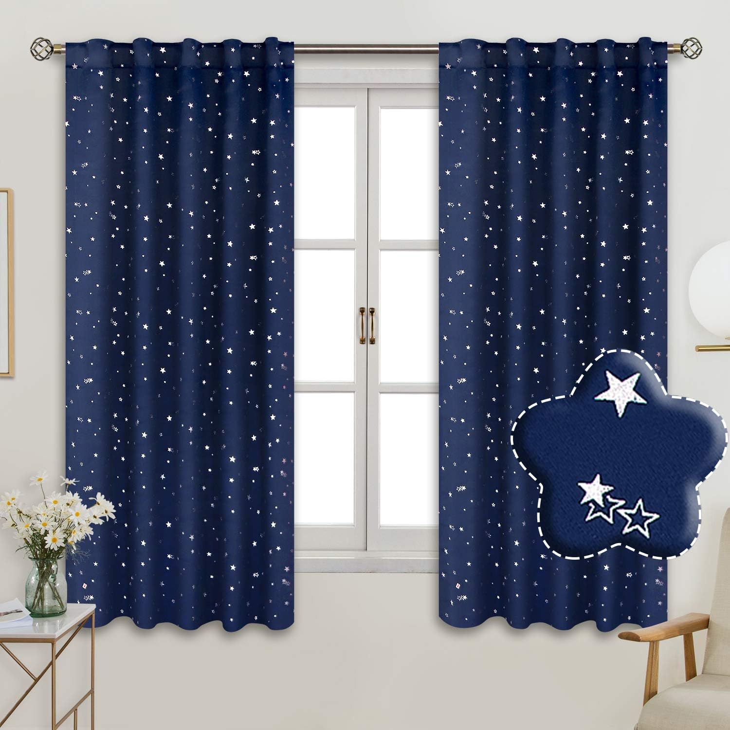 BGment Rod Pocket and Back Tab Blackout Curtains for Kids Bedroom - Sparkly Star Printed Thermal Insulated Room Darkening Curtain for Nursery, 42 x 63 Inch, 2 Panels, Navy Blue