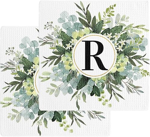 Paquete de 2 toallas de cocina de algodón con tejido de gofre, monograma de letra R, acuarela, eucalipto, primavera, verano, estilo rural,