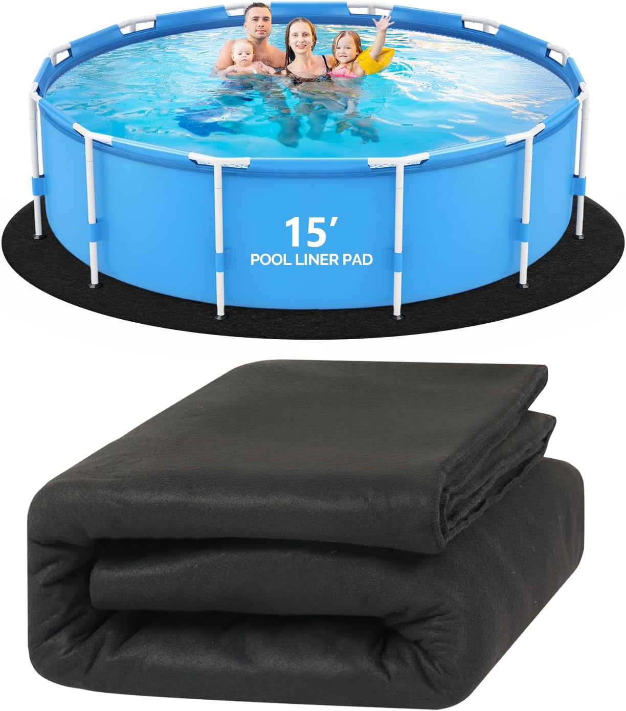 VINGLI 15 FT Pool Pad for Above Ground Pool, Upgraded Extra Thick Swimming Pool Liner Pad 15 FT Round, Prevent Punctures Weed Barrier, Under Pool Mat Pool Protection, Black
