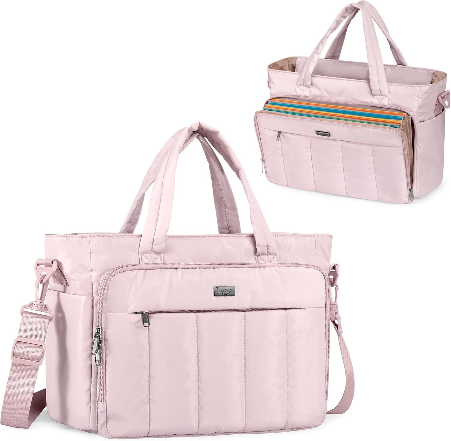 LUXJA Puffer Tote Bag for Women, Lightweight Puffy Tote Bag with Accordion File Pocket and Laptop Sleeve for School and Work