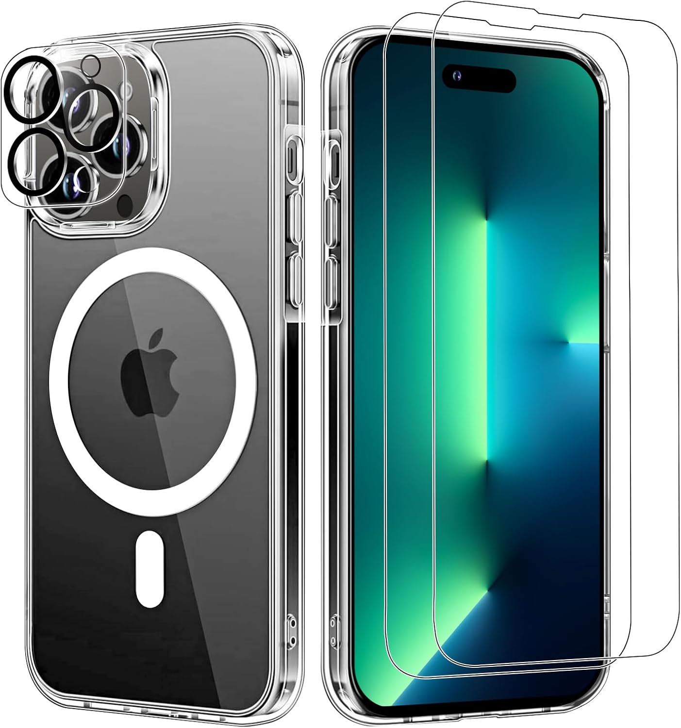5-in-1 Magnetic Case for iPhone 13 Pro Max 6.7 Inch with 2-Pack Tempered Glass Screen Protector and Camera Lens Protector with MagSafe - (Clear) iPhone13proMax