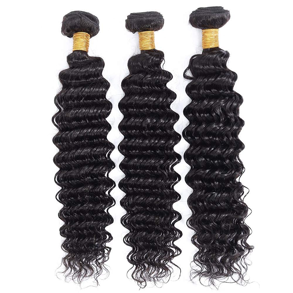 Human Hair Bundles Deep Wave Bundles 22 24 26 Inch Deep Wave Human Hair Extensions Double Weft Unprocessed Brazilian Virgin Hair #1B Natural Color 3 Bundle 50 Grams Per Bundle
