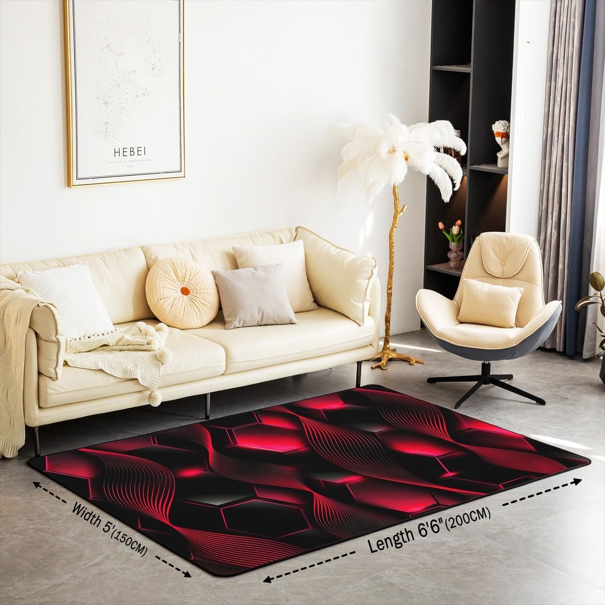 Erosebridal Neon Lights Geometric Area Rug 5x7,Stripes Honeycomb Carpet Non Slip,Ombre Gradient Decorative Washable Rug,Glowing Hexagonal Striped Scarlet Red and Black Indoor Floor Mat