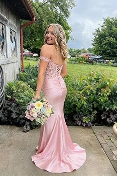Amazon.com: Black Long Prom Dresses with Lace Appliques for Women Off  Shoulder Pleated Satin Mermaid Corest Evening Gown 02 : Clothing, Shoes &  Jewelry