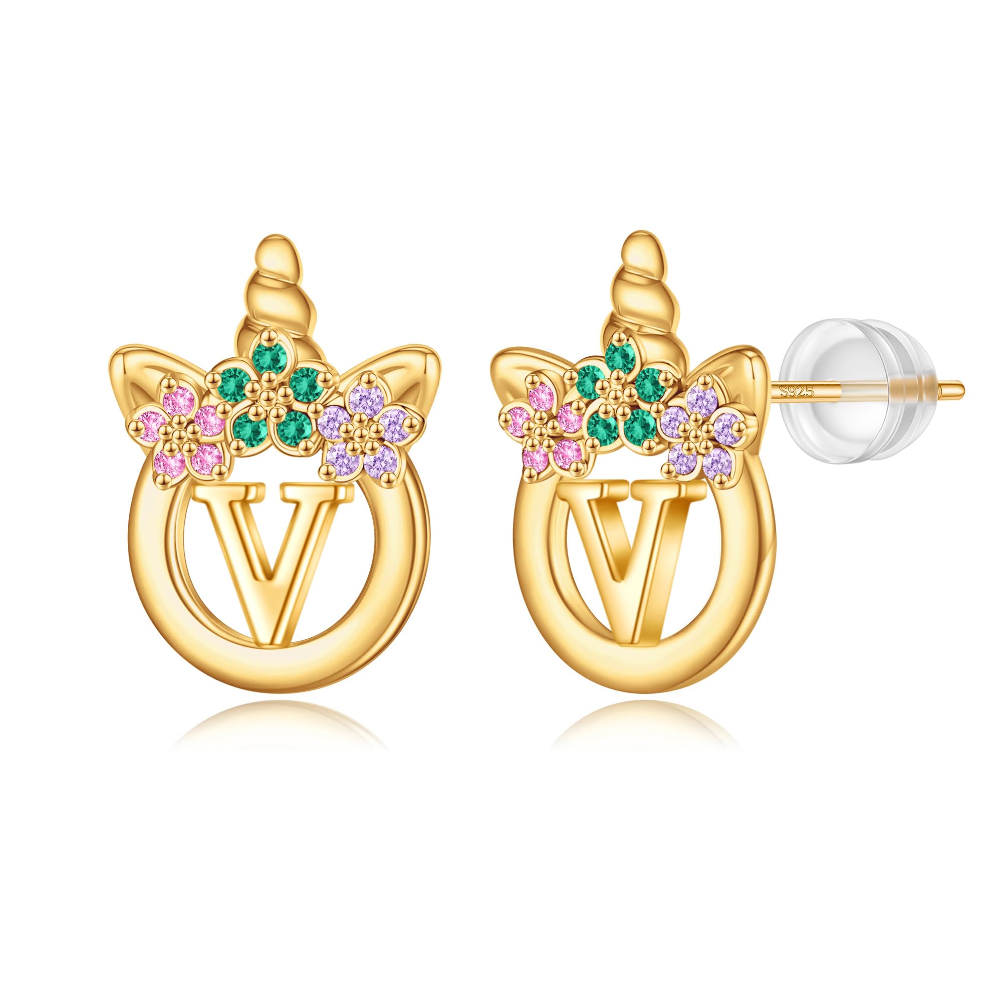 Unicorn Earrings Gifts for Girls - 925 Sterling Silver Stud Earrings Hypoallergenic Initial Unicorn Earring for Girls Kids Jewelry CZ Birthday Gifts
