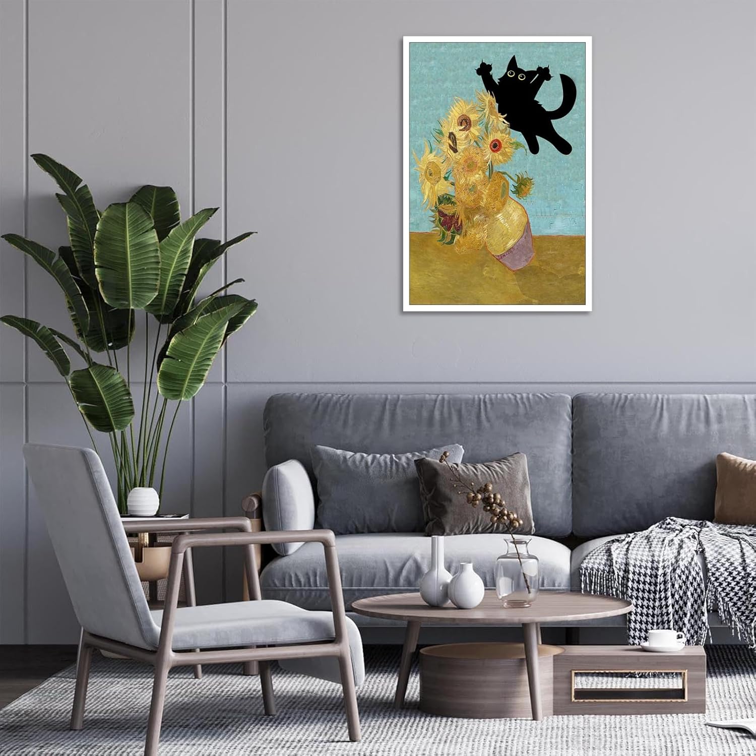 Vintage Black Cat Poster Cute Abstract Animal Canvas Wall Art Cat Knocking Over Sunflowers Aesthetic Prints Painting For Living Room Bedroom Gallery Wall Decor 24x36in Unframed