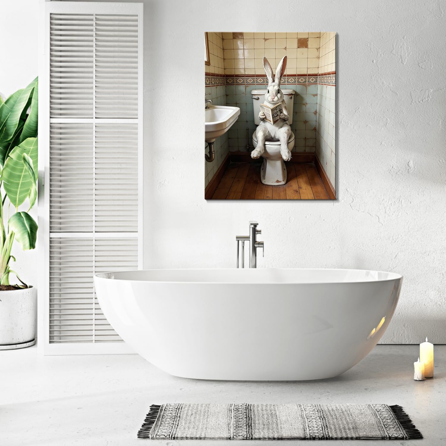 karani Funny Rabbit Bathroom Wall Art, Rabbit Sitting On The Toilet Reading Newspaper Canvas Prints, Modern Rustic Bathroom Pictures Wall Decor for Bathroom, Living Room, Farmhouse 24 * 36in