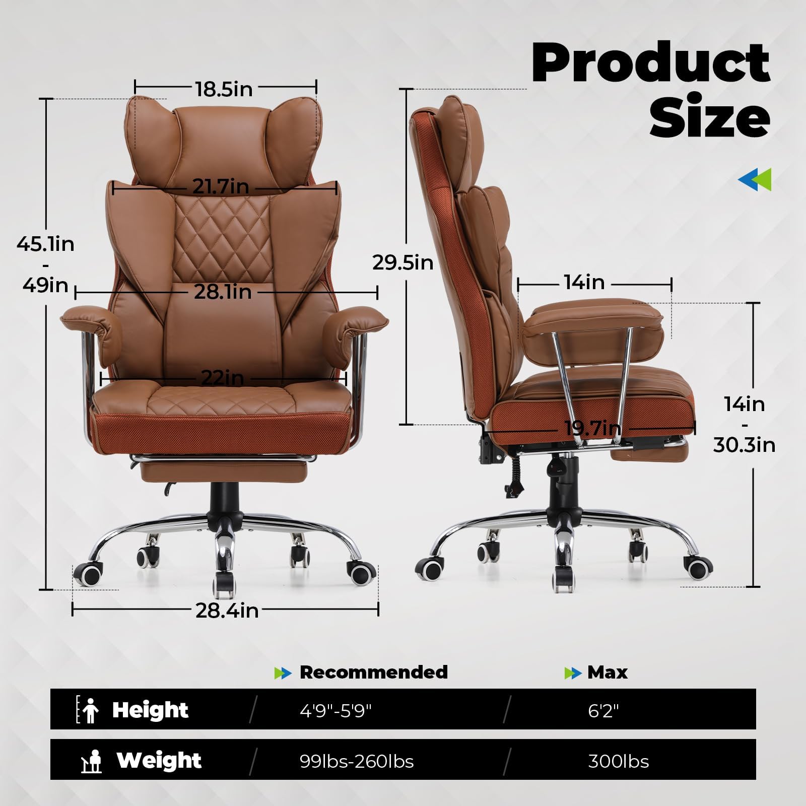 COMHOMA Big and Tall Gaming Chair with Pocket Spring Lumbar Support, Ergonomic Office Chair with Footrest, Executive Desk Chair with Outward Fixed Soft Armrests, Computer Chair with High Back,: Light Brown