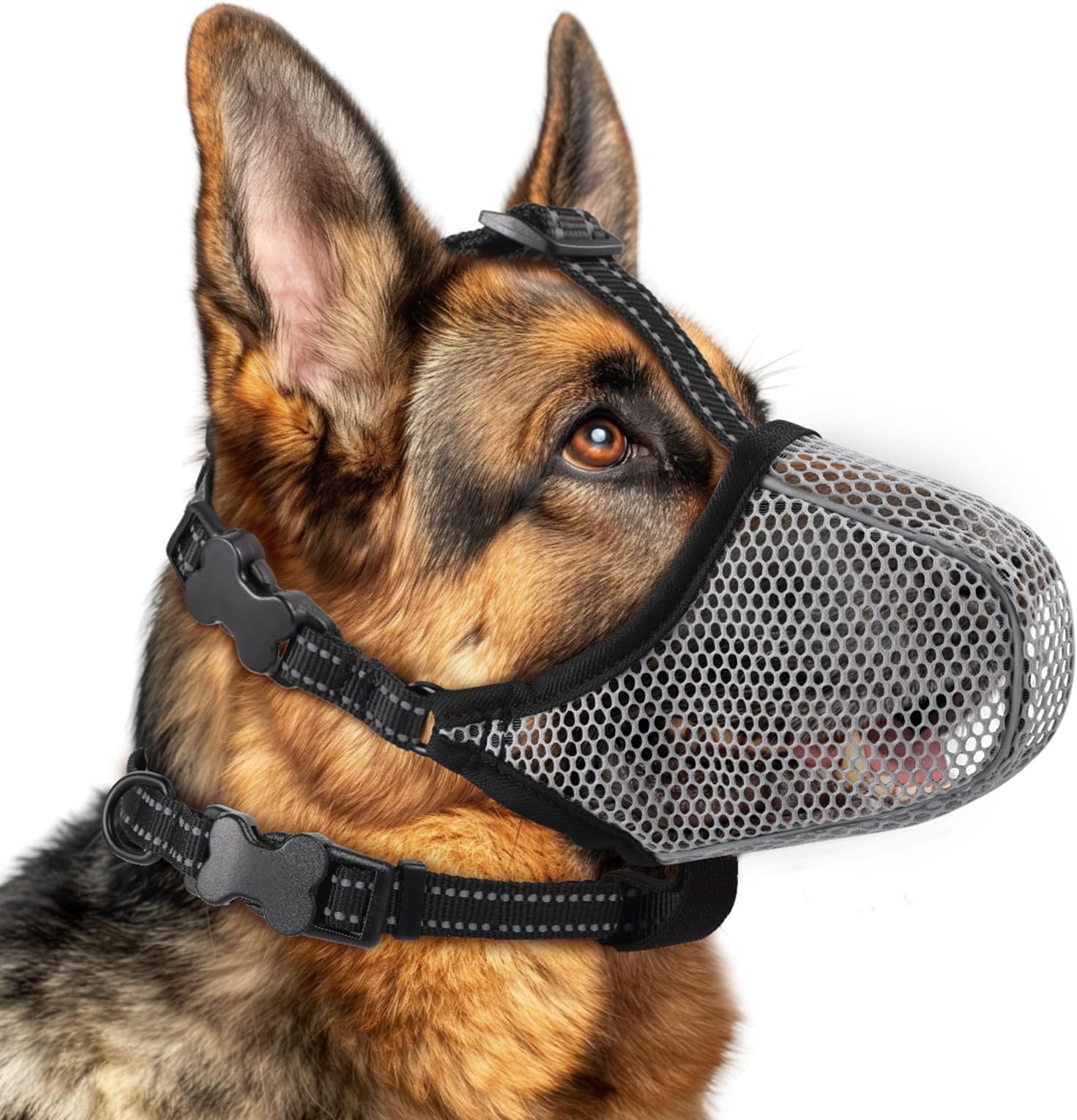 Dog Muzzle,Mesh Soft Muzzle for Small Medium Large Sized Dogs, Breathable Reflective Adjustable Puppy Muzzles with Collar for Scavenging Grooming Biting Chewing,Allows Panting and Drinking(Grey M)