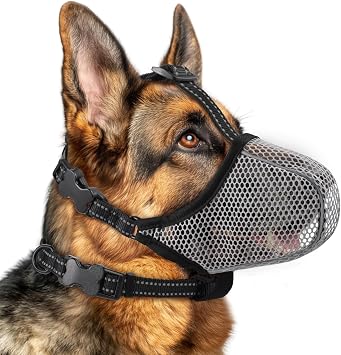 Dog Muzzle,Mesh Soft Muzzle for Small Medium Large Sized Dogs, Breathable Reflective Adjustable Puppy Muzzles with Collar for Scavenging Grooming Biting Chewing,Allows Panting and DrinkingGrey M