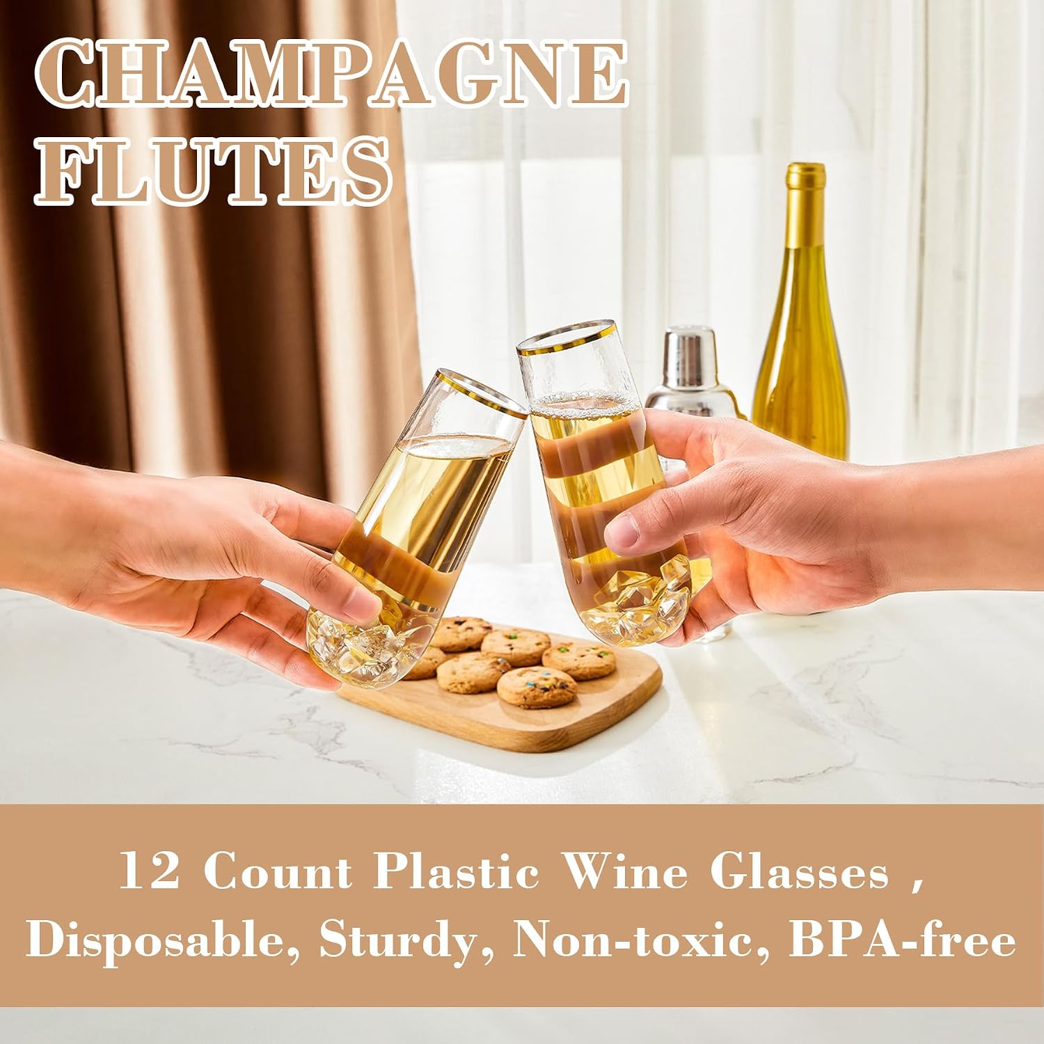 N9R 12PCS Plastic Champagne Flutes, 9 oz Disposable Stemless Mimosa Glasses