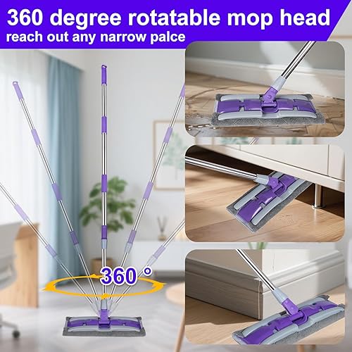 Miniatura 3 de ITTAHO Trapeadores de microfibra para limpieza de suelos, trapeador plano en seco y húmedo con mango telescópico de acero inoxidable, 4 almohadillas