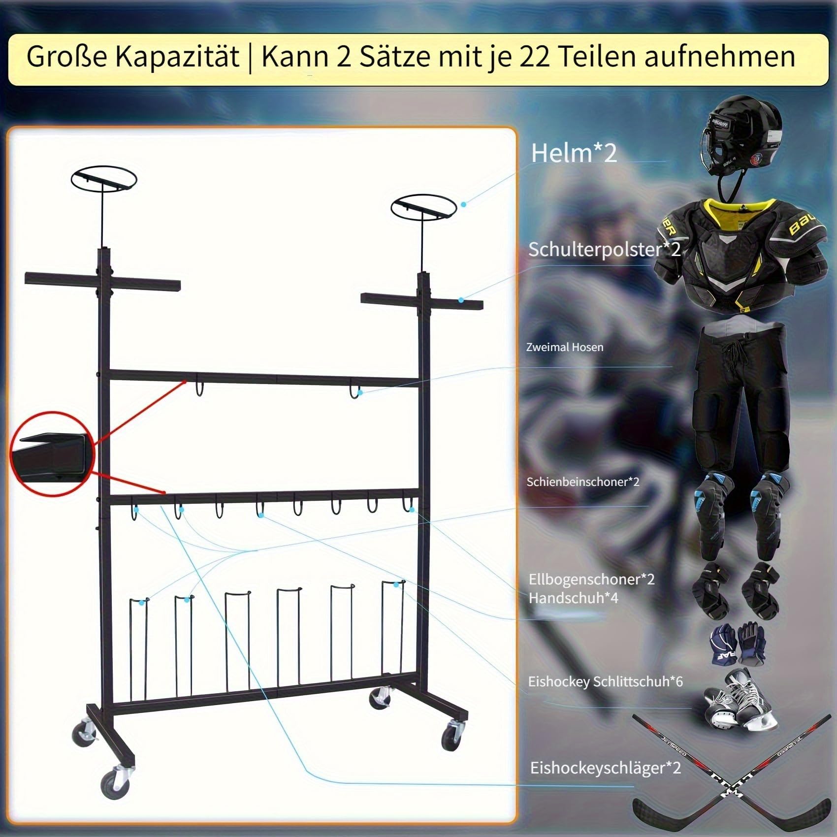 Hockey-Ausrüstungstrockengestell – Eishockeyschlägerhalter, Feldhockey-Trockner – Großes Hockey-Display, Aufbewahrungsregal – Sport-Metallständer für Lacrosse