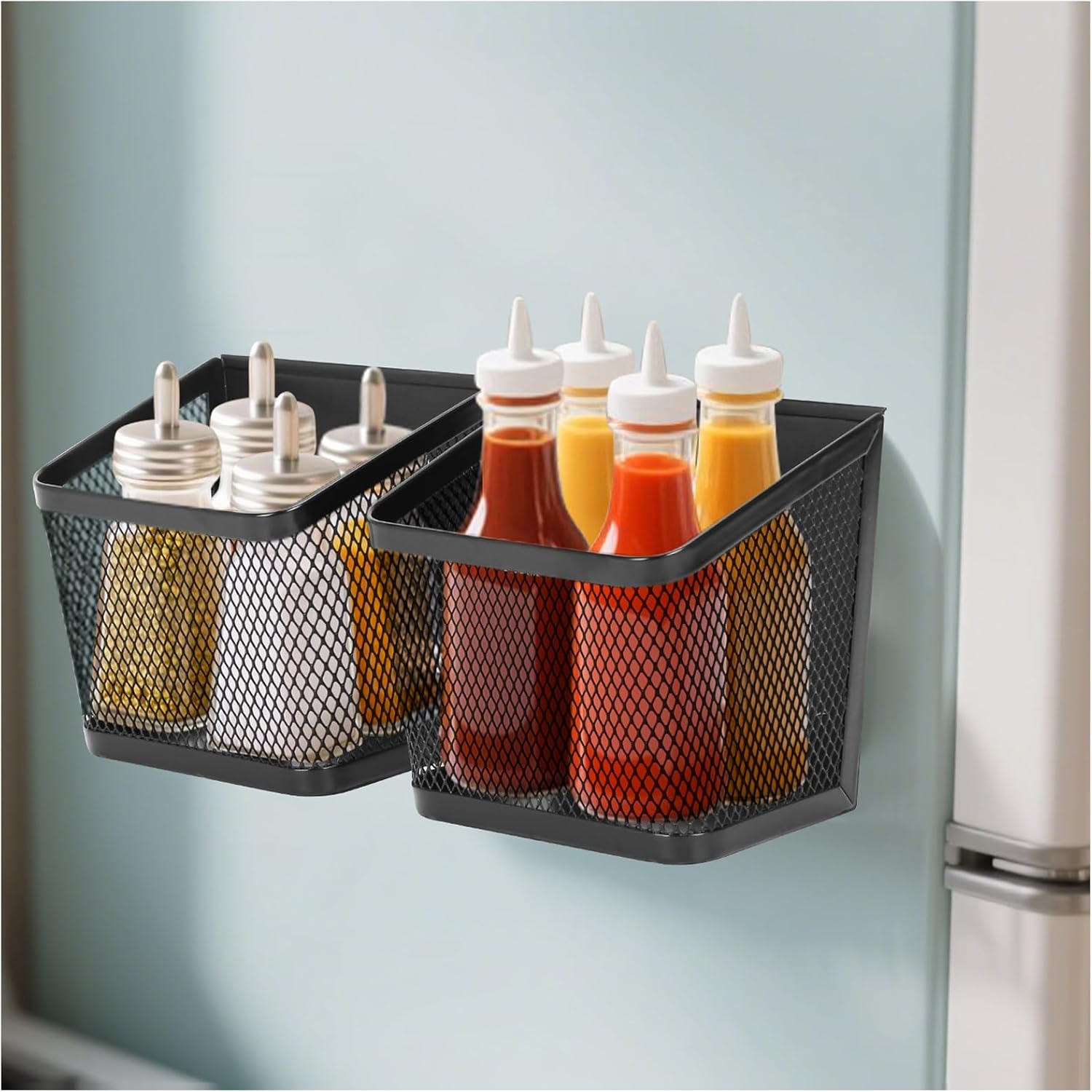 2 Pack Magnetic Spice Rack for Refrigerator and Oven Magnetic Fridge Basket Shelf Organizer for Kitchen Storage (Black)