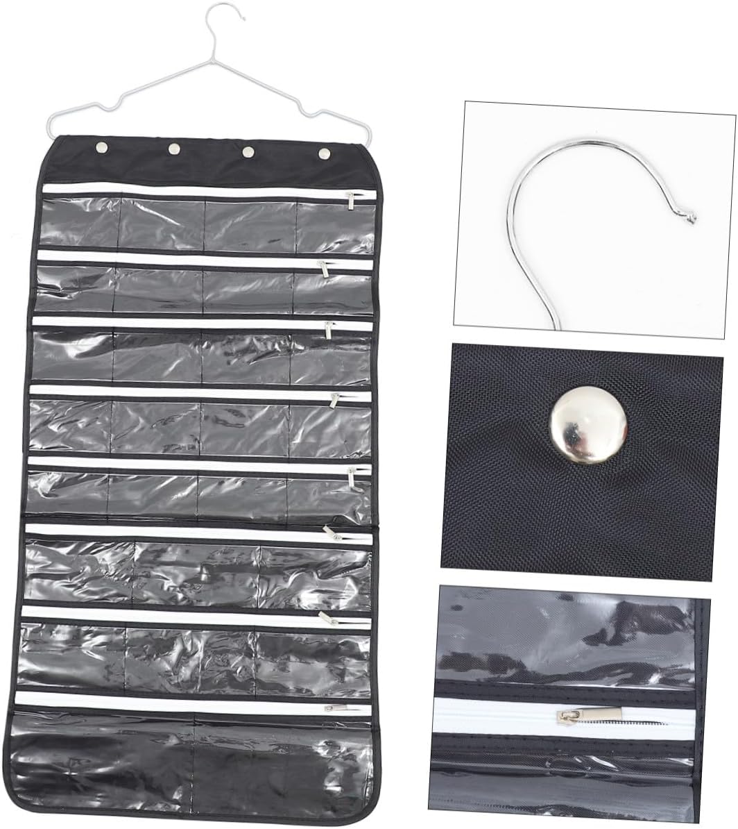 Double-side Jewelry Organizer Hanging Bag with Zippered Compartments Practical Storage Pouch for Necklaces Bracelets Hair Accessories Wall-mountable Black Jewelry Pouch for Home