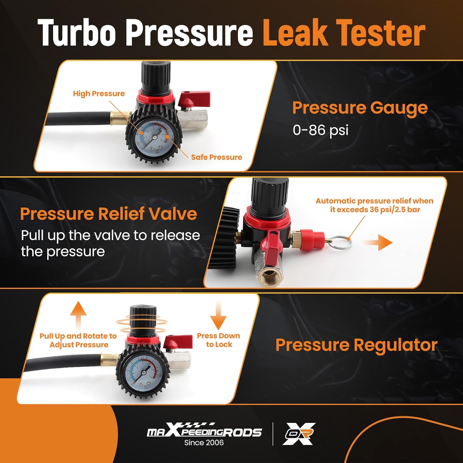 maXpeedingrods Turbo System Leakage Tester Kit with 1-3/8" to 3-1/2" Adapters, Turbo Pressure Leakage Tester, Turbo Boost Leak Tester Set for Cooling Emission Exhaust Pipe, US/EU/JP Air Fitting, 12PCS