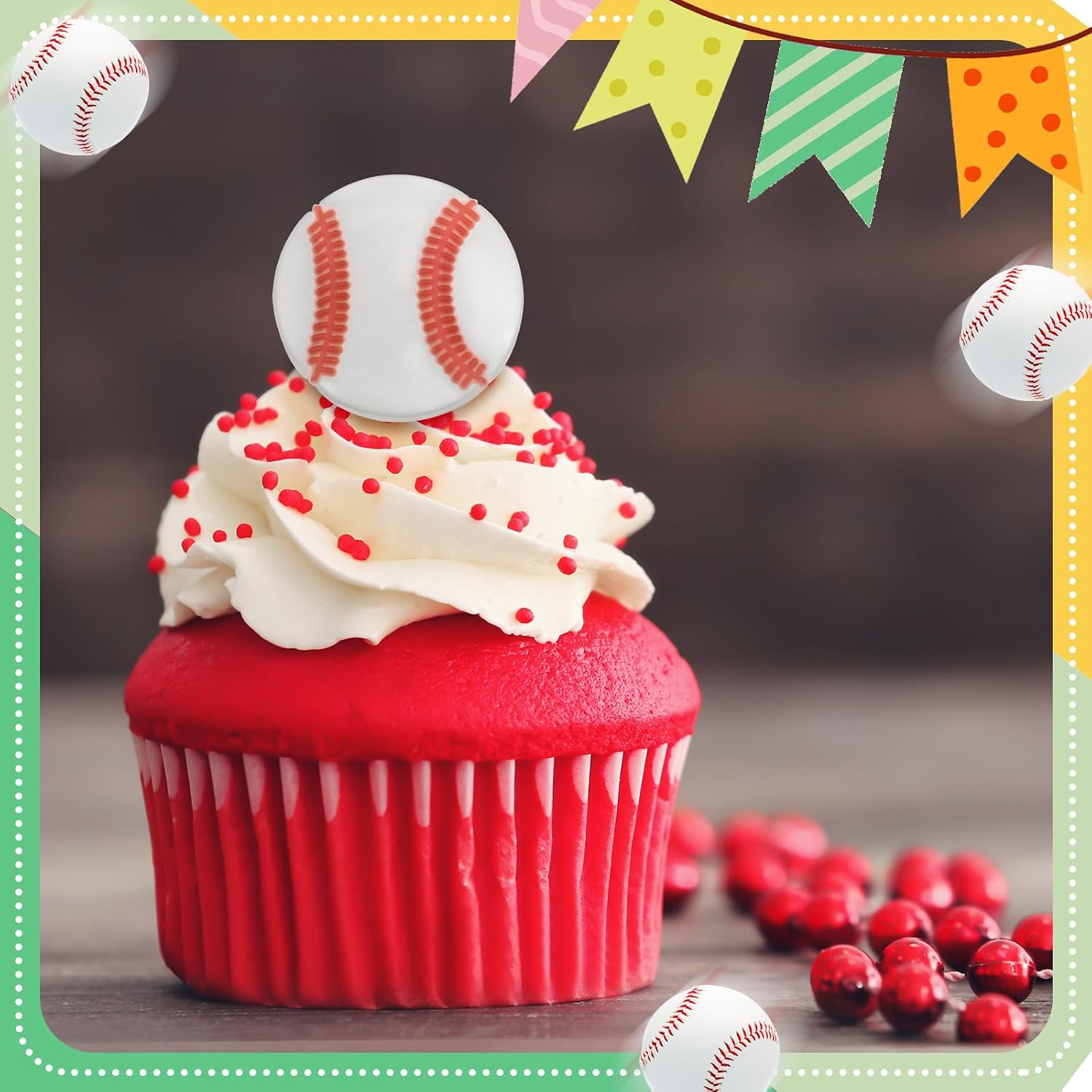 Honeydak 48 Pcs Baseball Cupcake Rings Toppers Decoration Sport Ball Theme Cupcake Toppers Rings Picks Baseball Senior Night Party Decoration Sport for Birthday Party Supplies