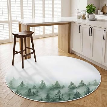 4ft Round Rug,Washable Area Rugs Lush Green Forest Mist Soft Circle Indoor Large Carpet Non Slip Floor Rug for Living Room Bedroom Entryway Home Decor Minimalist Landscape