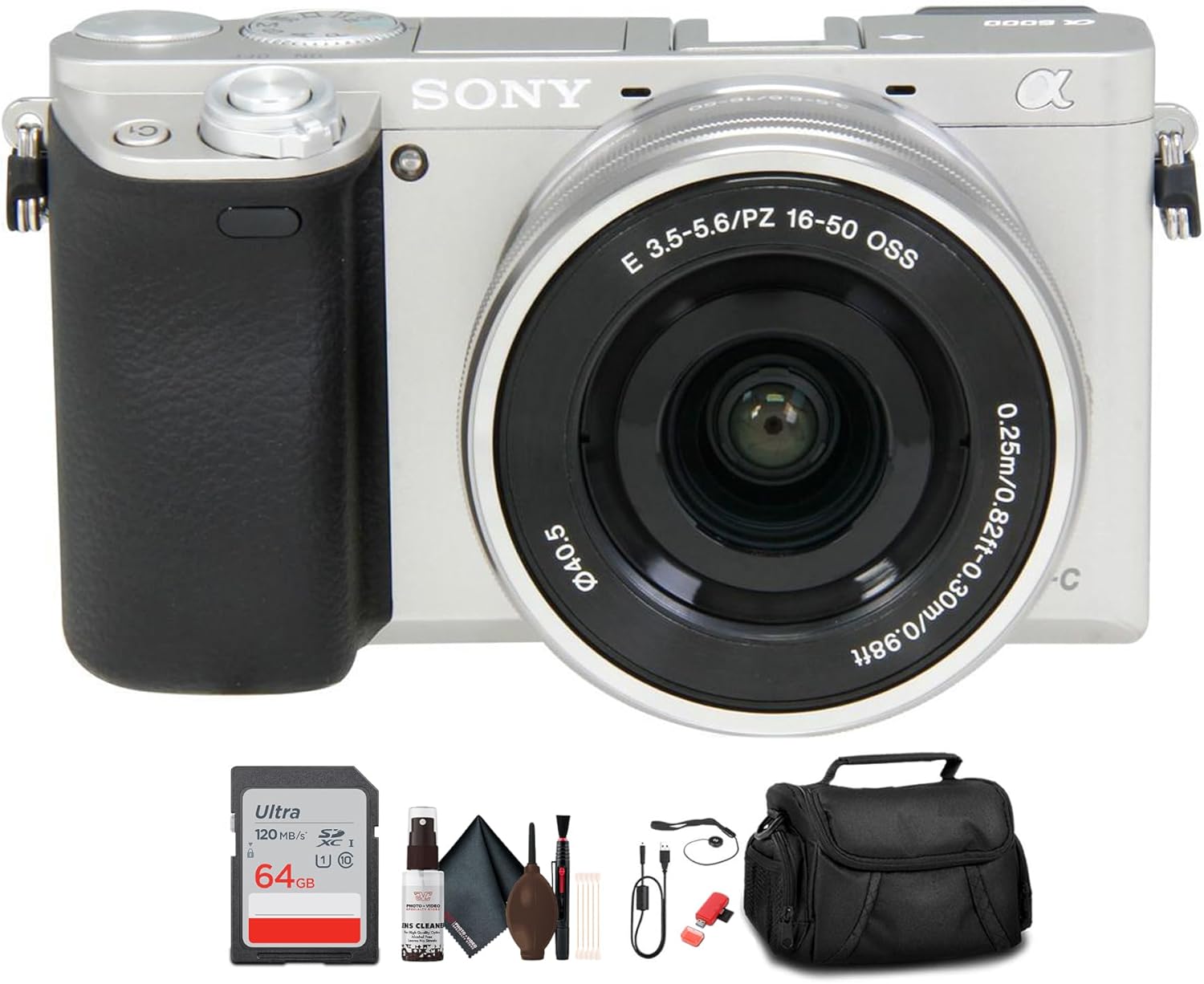 Sony Alpha a6000 Mirrorless Camera with 16-50mm Lens (Silver) with Bag, 64GB Memory Card, Card Reader, Plus Essential Accessories