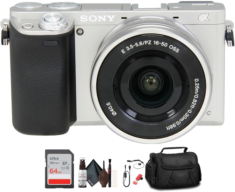 Paquete de cámara Alpha a6000 con lente de 16-50 mm + lector de tarjetas (plateado) | Para fotografía y vídeo | Cámara sin espejo + Tarjeta de memoria de 64 GB + Bolsa para cámara