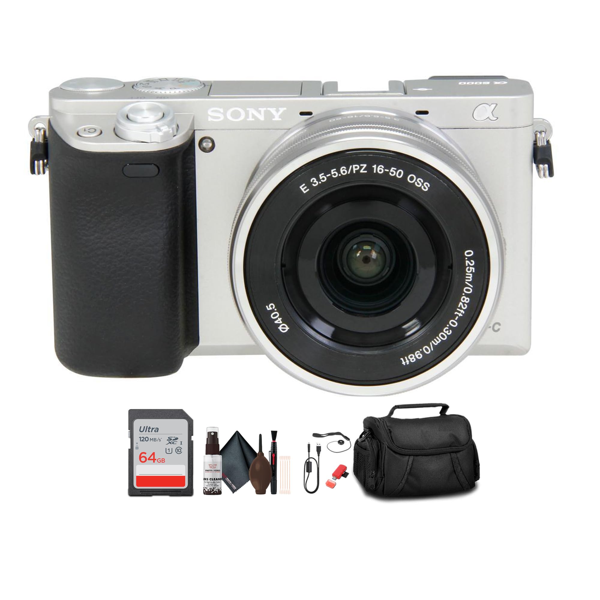 Sony Alpha a6000 ミラーレスカメラ 16-50mmレンズ(シルバー) バッグ付き 64GB メモリーカード カードリーダー エッセンシャルアクセサリー