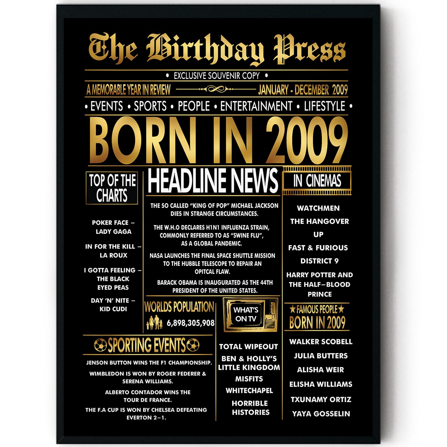 Stuff4 Boys 2009 Gold 17Th Birthday Poster Framed - Golden Born In Newspaper - Happy 17 Birthday For Girls Retro Vintage Gifts Back In 8X10 Inch Bday Party Decor Decoration