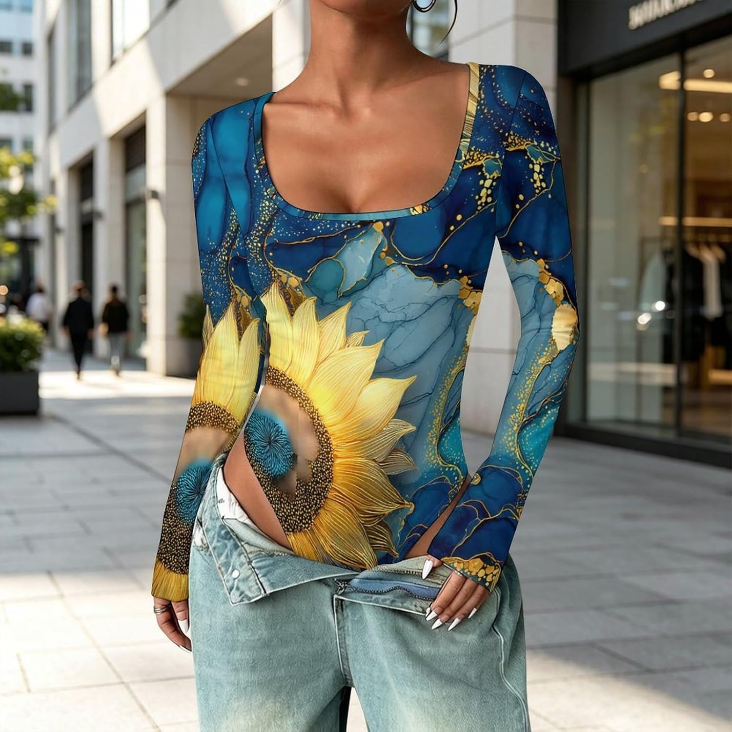 Sunflower Marble Blue Watercolor Women's Bodysuits Long Sleeve Top 5XL