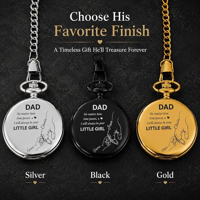 VEELU Personalized Holding Hands Pocket Watch Dad Gifts from Daughter Son Custom Pocket Watch and Chain with Engraved Text Fathers Day Birthday Gift for Men Grandad Grandpa Husband